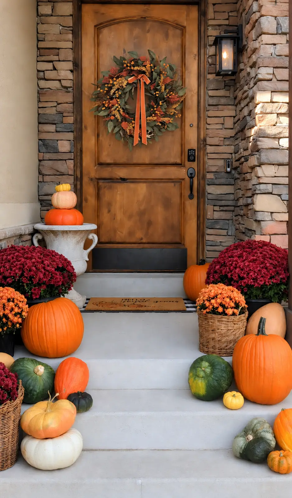 Wood front door with a fall wreath, mums, and pumpkins on stone steps